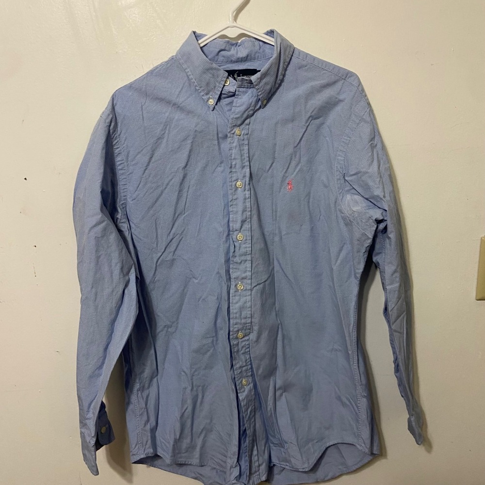 Ralph Lauren Mens Gingham Button Down Shirt Blue White Classic Fit Size 16 32/33